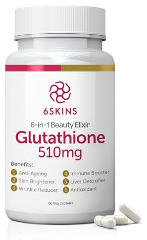 6SKINS® 6in1 Beauty Elixir with L-Glutathione 510mg, NAC 102mg, Hyaluronic Acid 150mg Glutathione Supplement with 4X Absorption - Immune and Liver Support, Powerful Antioxidant for Skin - 60 Capsules