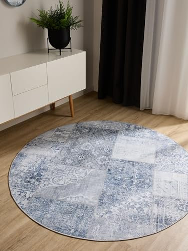 benuta Basic Waschbarer Teppich George - Blau 120 cm Rund - Kunstfaser - Rund & im Style: Vintage, Ethno-Style, Shabby Chic - Pflegeleicht für Wohnzimmer Schlafzimmer