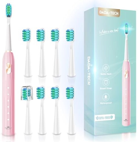 Dada-Tech Spazzolino elettrico per adulti con setole arrotondate al 90%, spazzolino sonico ricaricabile con 5 modalità di pulizia, timer da 2 minuti e 9 testine di ricambio per il promemoria(Rosa)