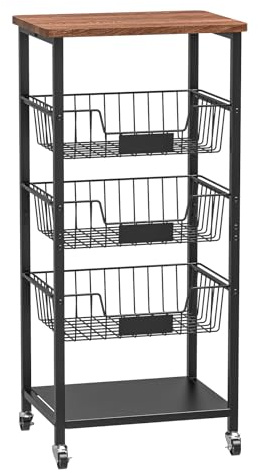 Hastatii Kitchen Storage Cart, Kitchen Basket, 5-Tier Utility Organizer with Baskets and Wood Top, Rolling Snack Cart with Wheels, Metal Black