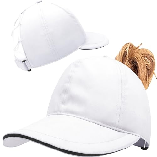 Enwokran Dammössa med hästsvans med rörig hög bulle, snabbtorkande hatt med hål för hästsvans UV-skydd sommarsolhatt, Vit, one size