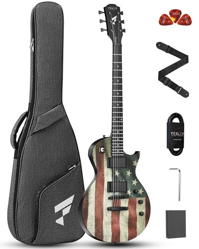 Fesley 39 LP Electric Guitar Kit: Full Size Solid Body Electric Guitars for Beginners with Humbucker Pickups,Poplar Body,Mahogany Neck,22 Frets,6 String Guitar with Gig Bag, FLP400,Matte,US Flag