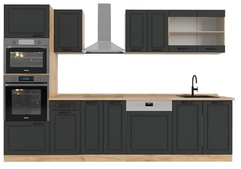 Vicco Küchenzeile R-Line, Anthrazit Landhaus/Goldkraft Eiche, 300 cm mit Hochschrank, AP Eiche