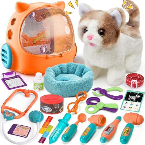 Doctors Vet Set for Kids Electronic Interactive Cat Toys Walking Meow Wagging Tail with Bed Plush Cat Bag Pretend Role Play Kitten Electronic Toy Birthday Gift Toy for 3 4 5 6 7 8 Years Old Girls