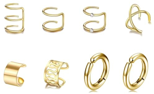 JEYORZY 8 pcs Ear Cuff pour Femme, Manchette d'Oreille pour Femme Faux Piercing Oreille Réglables Boucles Oreille Sans Trou Ear Cuff Non Piercing Helix Cartilage Boucles d'Oreilles Ensemble, or