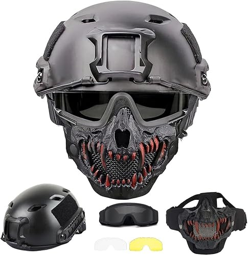PJ Type Tactical Airsoft Fast Helmet and Foldable Half Face Mesh Guard with Ear Protection Adjustable Chin Strap Full Face Protection Set for Paintball BB Gun