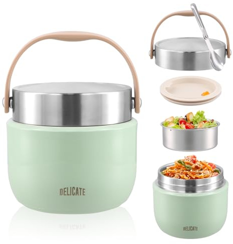 volumoon Contenitore Termico per Alimenti 1200ml, Portapranzo in Acciaio Inox, con Coperchio e Cucchiaio Pieghevole, Contenitori Caldi Isolato per Zuppa, Scuola, Ufficio, Viaggi, Antigoccia (Verde)