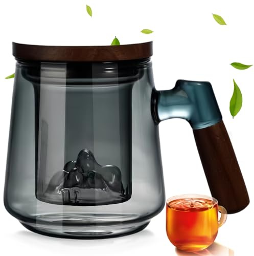 Tazza da tè con coperchio e colino, bicchiere da tè con colino, vetro da 500 ml, per tè sfuso, tè alla foglia, teiera con colino, tazza grande per amanti del tè, tazza da tè con manico in legno