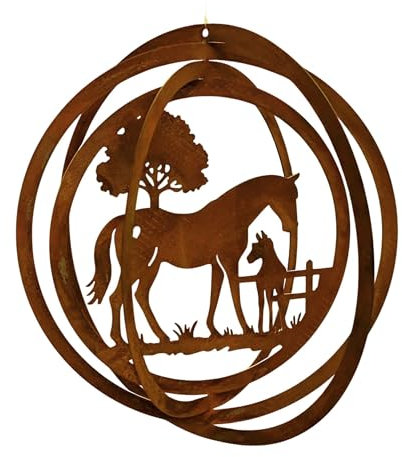 Edelrost Windspiel Pferd mit Fohlen - 3D Windspiel aus Metall - Gartendeko zum Aufhängen - Rostoptik - Pferdemotiv - Geschenk für Reiter - für Garten, Terrasse, Balkon