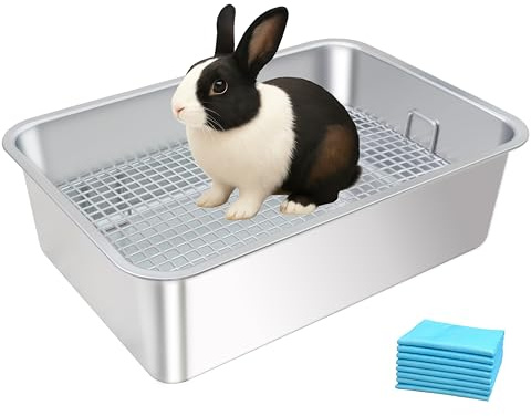 HUQIZOO Stainless Steel Rabbit Litter Box,Bunny Litter Pan with Widened Grid,Toilet Tray,Deep Waste Storage