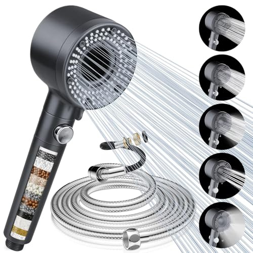 Duschkopf mit Schlauch 2M, Duschkopf mit Filter, Hochdruck Handbrause Wassersparend mit Mineralperlen, 5 Strahlarten Duschbrause mit Stoppfunktion für Hartes Wasser, Rest-Chlor, Bakterien&Schwermetall