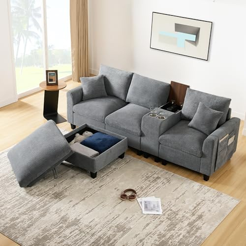 Luscriate Sofá de esquina en forma de L con consola y USB, sofá de cuerda con portavasos, taburete con almacenamiento, sofá cómodo para espacios pequeños (Gris, 4 plazas)