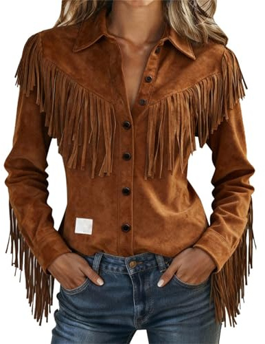 Cowgirl mocka skjorta kvinnor vintage cowboy stil frans toppar knapp ner långärmad tofs blus falsk mocka västerländsk kläder 70-talet hippie kläder festival fest kostymer Y2k streetwear