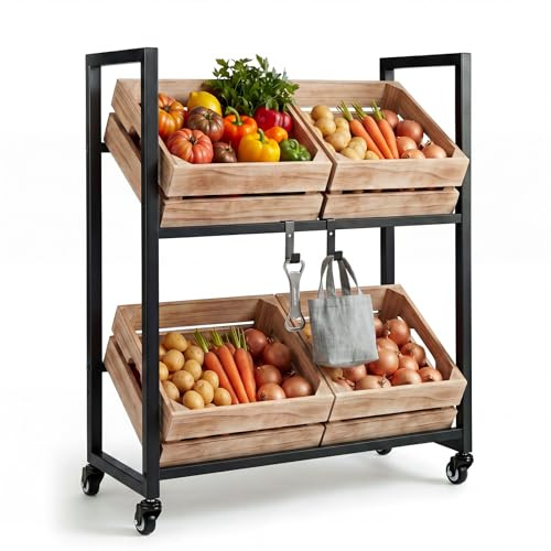 TANGZON 2 Tier Rolling Drinks Crate Rack, Metal Drink Shelf with Adjustable Tilt & Hanging Hooks, Bottle Beverage Fruit Vegetable Box Stand for Kitchen Bar Shop Basement, 150kg Load Capacity