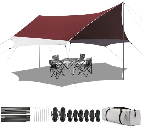Bâche de Camping avec 2 poteaux,bâche imperméable PU2000+, UPF 50+, revêtement argenté, Toile imperméable avec œillets pour Camping, Backpacking, randonnée
