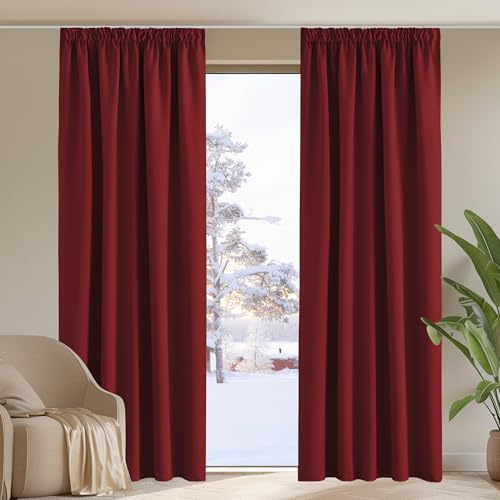 PONY DANCE Blackout Pencil Pleat Curtains, Red, W46 x L84 Inch, 2 Panels | Thermal Insulated Curtains with Noise Reducing & Privacy, Luxury Soft Window Treatment for Bedroom & Living Room