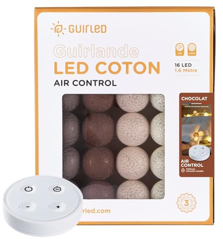 GuirLED - Guirnalda luminosa bolas de algodón LED USB - Mando a distancia inalámbrico – Luz nocturna bebé 2h – Adaptador de red doble USB 2A incluido – 4 intensidades – 16 bolas 1,6 m – Chocolate