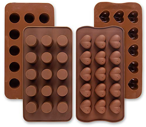 Cozihom Silicone Chocolate Moulds, Baking Mould for Chocolate, Jelly, Candy, Fat Bombs Keto Snacks, Ice Cube, Round Cups & Heart Shape for Christmas & Valentine's, 4 PCS