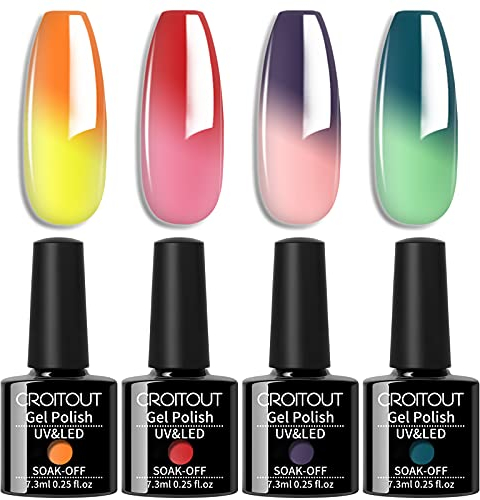 Croitout UV Farbwechsel Gel Nagellack Set, Thermo Shellac Gellack Kit, Mehrfarbig Ablösbarer Nagelgel Farbgel Nagel, Chameleon Polish Set 4 x 7.3ml (4WB-004, 4WB-004)