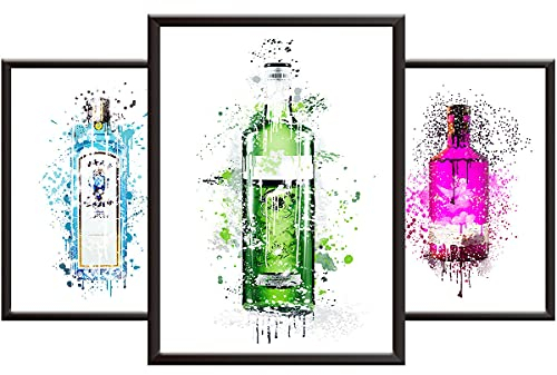 Hey Chimp Gin Bottle Posters - Vibrant Wall Art for Living Room, Kitchen or Dining Room. Set of 3 Unique Modern Wall Prints & Watercolour Style Posters as Gin Bottle Prints
