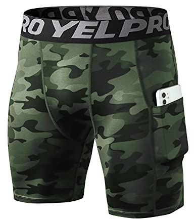 Yishengwan Mallas Cortas Hombre Secado Rápido con Bolsillo Pantalones Cortos de Compresión para Correr Gimnasio Fitness Gym Verde Camuflaje XL