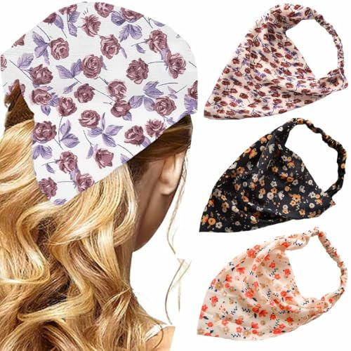 Zoestar Boho Triangle Head Scarfs Black Flower Head Kerchief Headbands Chiffon Hair Bandanas Turban Hair Scarfs Elastic Hair Band for Women and Girls(Pack of 3)