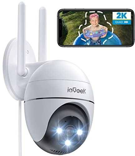 ieGeek 2K Camara Vigilancia WiFi Exterior con Eléctrico, PTZ 355°, Detección de Humano, Seguimiento Automático, Visión Nocturna Color, Alarma de Luz y Sonido, Grabación Continua, Compatible Alexa