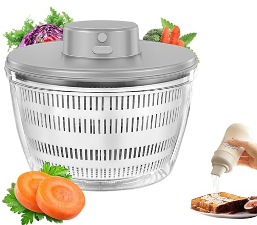 E-Greetshopping Salatschleuder Elektrische Salatschleuder 4 Liter, Automatische Salat Schleuder mit Deckel, USB Aufladbar Salad Spinner Schnell Dörrautomat für Obst Gemüse, mit 350ml Squeeze Flasche