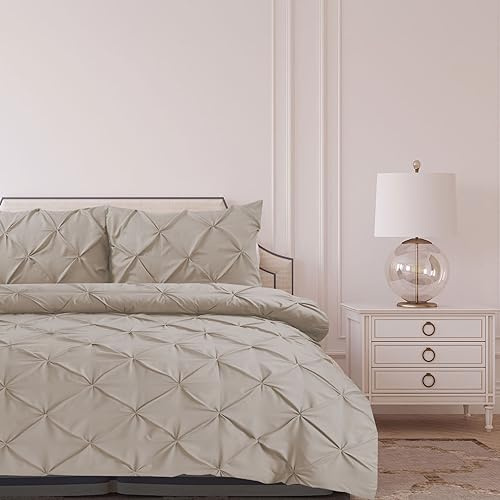 Bronwen Mathews Pintuck Duvet Cover Set Linen Pinch Pleat Soft Microfibre King Bed Quilt Cover with 2 Pillowcase, Easy Care Wrinkle Free King Bedding Set of 3 Pcs (Linen)