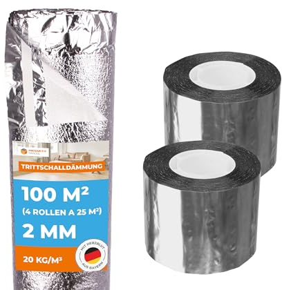 Produktiv Handel Trittschalldämmung PREMIUM SILVER 100 m² 4 Rollen + 2 Rollen Aluminium Klebeband | mit Dampfsperre, Schall- und Wärmedämmung für Parkett und Laminat Fußbodenheizung