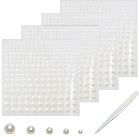 SHUBEIEUMI 900 Pcs Pearl Stickers, Self Adhesive Back Stick on Pearls, Flat Back Pearls Sticker Sheets with Pick Up Tweezer, for Face Beauty Makeup Nail Art DIY Crafts Home Decor (2/3/4/5/6mm)