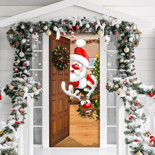 Decoración de Puerta de Navidad, 200x90cm Cubierta, Fondo de Pancarta Colgante de Papá Noel, Divertido Papá Noel Pancarta para Fiesta de Invierno