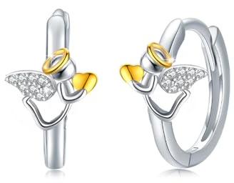 Skyddsängel örhängen dam 925 sterlingsilver flicka ängel kreoler med zirkonia barn skyddsängel kreolsk nattvardsgång/dop flickor gåvor, 14 mm, Sterlingsilver, Kubisk zirkonia