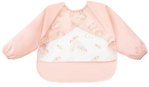 Mecmbj Baby Lätzchen mit Langen Ärmeln, Ärmellätzchen mit Tasche, Weiches und Hautfreundliches Material, Wasserdichtes, Leicht zu Reinigen, Babylätzchen für 6–24 Monate Alte Babys(Hellrosa)