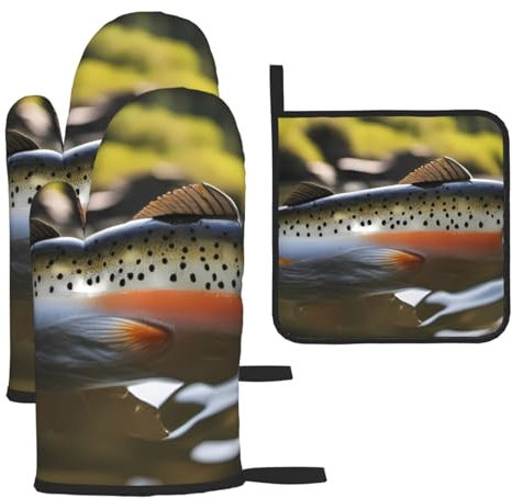 YYHWHJDE Kitchen Baking Set of 3 - Insulated Gloves and Pot Lid Pad for Oven and Grilling Brook Trout Fly Fishing Picture