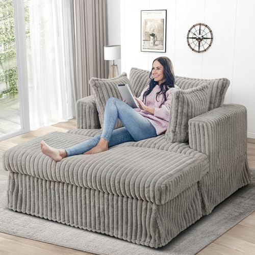 Oversized Chaise Longue Indoor,Comfy Upholstered Tufted Corduroy Single Sofa Couch Leisure Chair with 3 Pillow,Deep Seat Reclining Sleeper Sofa Chair for Living Room,Bedroom,Office (Light Gray)