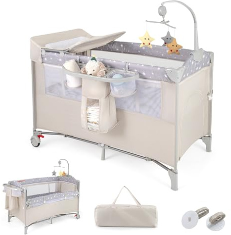 LIFEZEAL Lettino da Campeggio, Lettino per Bambini 0-3 Anni, Culla da Viaggio, Box, Co-sleeping, con Materasso, Fasciatoio, Giostrina, Ruote, Borsa, Pieghevole, Portatile, 125x65x119 cm (beige)