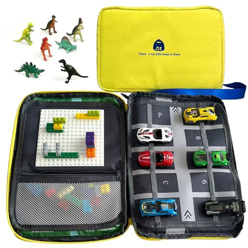 Portable kids toys storage bag with alloy toy cars, simulated dinosaurs, building blocks, base plates and a city road map. Educational travel toy set, suitable as a birthday gift for children aged 3-6