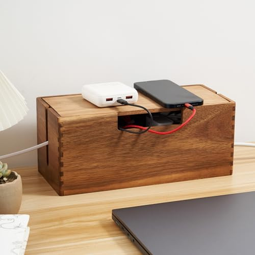 LiTY Acacia Wood Cable Management Box, Wooden Cord Hider & Organizer for Power Strip, Electrical Hiding, TV Wires, Desk & Floor Cables - Office Under Desk Cable Storage Box for Wire