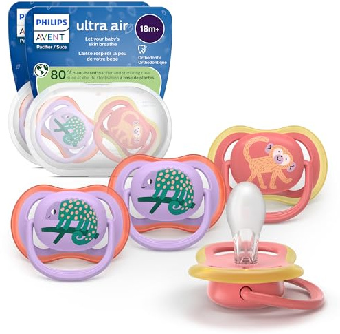 Philips Avent Ultra Air Pacifiers - Orthodontic Design, for Babies 18 Months+, Extra-Firm Silicone Symmetrical Nipple, BPA-Free, with 2 Sterilizing Cases, 4 Pack, SCF349/54
