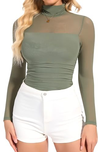 SHAPERIN Dam Långärmad Bodysuit Hög Hals Transparent Mesh Bodysuits Chic Stringbody Turtle Neck Bodysuits Toppar, grön, M