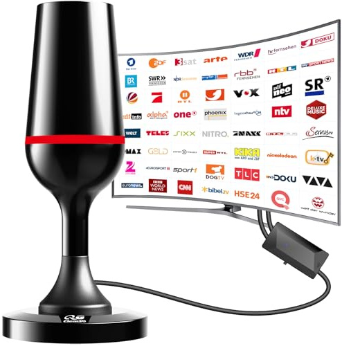 Antenne DVBT/DVBT2 - Antenne HDTV d'intérieur pour téléviseur - Qualité du signal grâce au noyau en aluminium - Grande portée de 420 km et réception à 360° - Avec pied magnétique - Prend en charge 4K