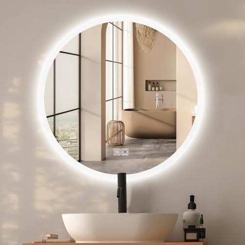 moderntop Rund Spegel med Belysning, Rund Spegel 50 cm med LED, Badrumsspegel Väggspegel med Belysning Rund, Dimmbar, 3 Ljusfärger, med Belysning Anti-Diss