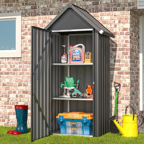 YODOLLA Garden Shed with Base and Lockable Lock, Galvanised Steel, 86 x 55 x 178 cm, Dark Grey