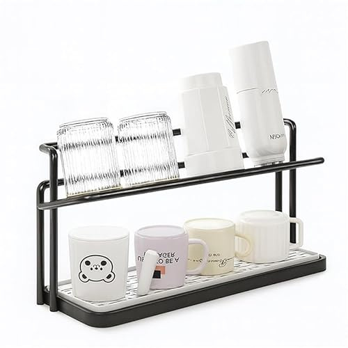 Greenfields Black 2-Tier Bottle Drying Rack & Cup Holder – Steel Mug Stand with Removable Drip Tray – Space-Saving Organiser for Kitchen Counter, Coffee Mugs, Tumblers, Jugs & Glassware