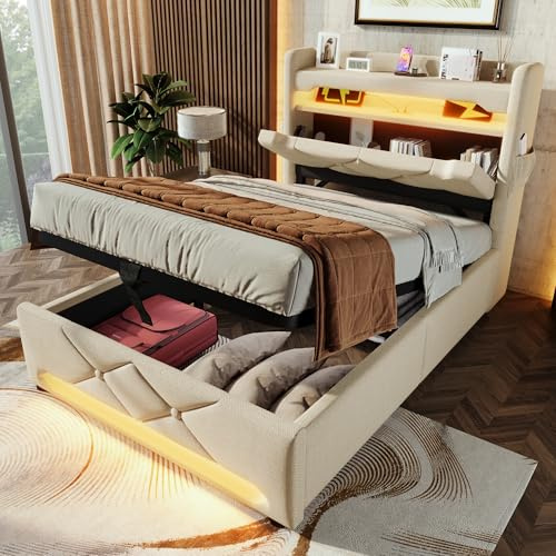 Oslghy Letto Imbottito 90x200 cm, Letto Singolo con LED Striscia e USB e Tipo C Porta, letti con vano Contenitore Idraulico con Contenitore Testiera, Loghe in Legno, Lino, Beige, Senza Materasso