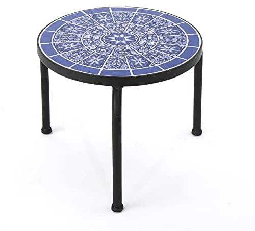 Christopher Knight Home Slate Outdoor Ceramic Tile Side Table with Iron Frame, Blue / White