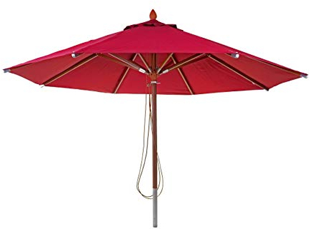 Mendler Gastronomie Holz-Sonnenschirm HWC-C57, Gartenschirm, Polyester/Holz 16kg, rund Ø4m Seilzug stoßsicher - bordeaux