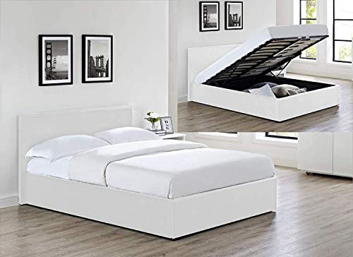 MODERNIQUE® Bilancio Ottoman Storage White Faux_Leather Double Sized (4FT6) Bounce Sprung Slats Base, Gas Lift up End Up Fabric Covered Floor Massive Storage Bed (White, Double (4FT6)
