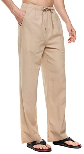 YuKaiChen Mens Linen Trousers Summer Beach Cotton Casual Lightweight Loose Fit Natural Yoga Pants with Elastic Waistband Lightkhaki S